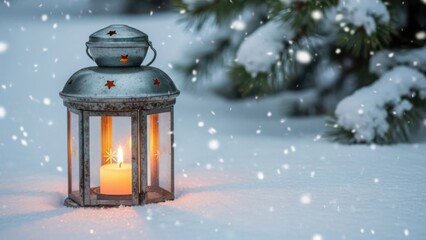Glowing Christmas lantern with a burning candle in the snow. Festive winter holiday background with falling snowflakes and copy space