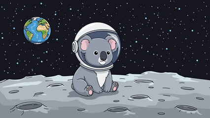 Naklejka premium Cartoon koala as astronaut on the moon with Earth in the background.