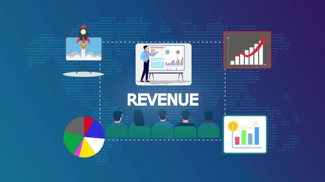 Business growth revenue presentation project animation highlighting income streams, monetization models, and financial performance.
