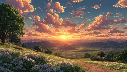 Vibrant sunset over rolling hills with blooming flowers scenic landscape under colorful clouds