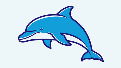 Fototapeta premium Playful blue dolphin mascot illustration in a coastal, oceanic scene.
