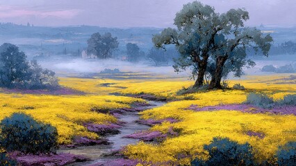 Vibrant yellow flower fields with a winding creek under a cloudy sky and trees in a serene countryside landscape