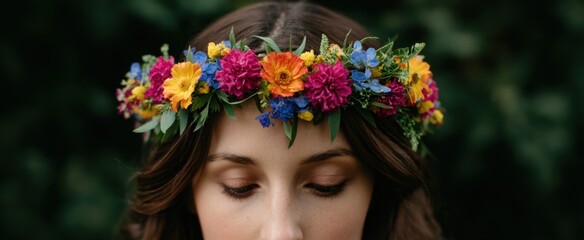 Hand-tied flower crown featuring bright wildflowers and lush greenery.