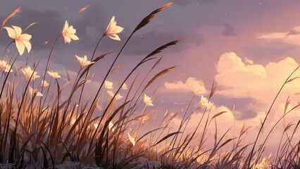 Soft Golden Flowers in a Field Under a Pink and Purple Sky at Sunset nature