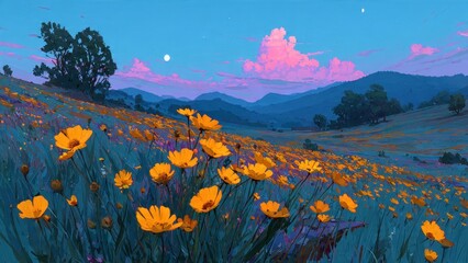 Vibrant Field of Yellow Flowers Under a Colorful Sky at Dusk with Mountains in the Background