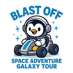 Adorable Penguin Astronaut in Go-Kart Space Adventure Cartoon