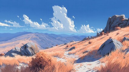 Scenic Mountain Landscape with Rolling Hills and Vibrant Blue Sky Soft Cloud Formation in Clear Daylight