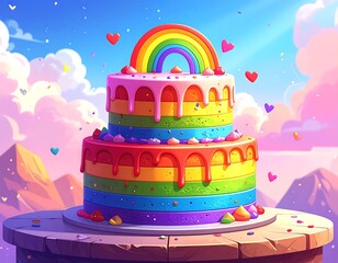 Two-tiered rainbow cake with heart confetti, atop a wooden surface, set against a dreamy sky