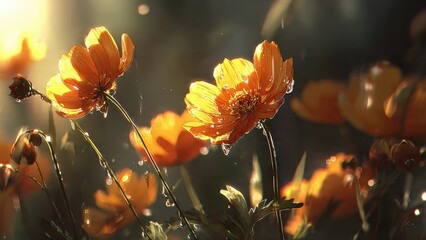 Vibrant orange flowers with droplets in soft sunlight capturing the beauty of nature in a serene garden setting