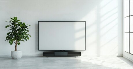 Fototapeta premium Minimalist interior features wallmounted television, plant. Bright room showcases clean lines, neutral palette, modern design elements.