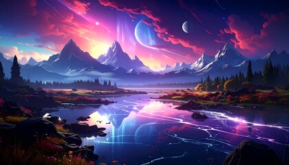 Dreamy landscape with mountains reflecting in a river under a surreal, colorful sky with planets and shooting stars