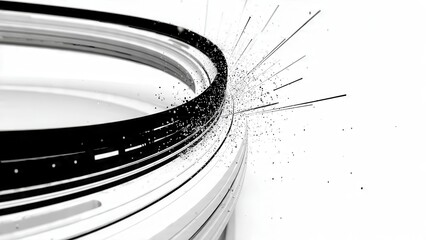 Abstract black and white design featuring curved lines with dynamic splashes of particles and lines radiating outward