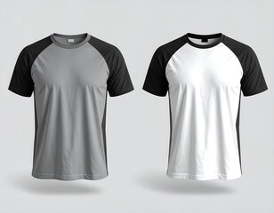 Two-tone raglan sleeve tees in gray and white. Displayed isolated with slight shadows