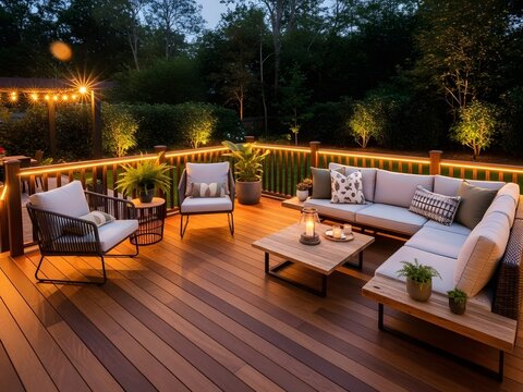 High-end hardwood deck with integrated LED lighting, premium service branding, evening outdoor atmosphere.