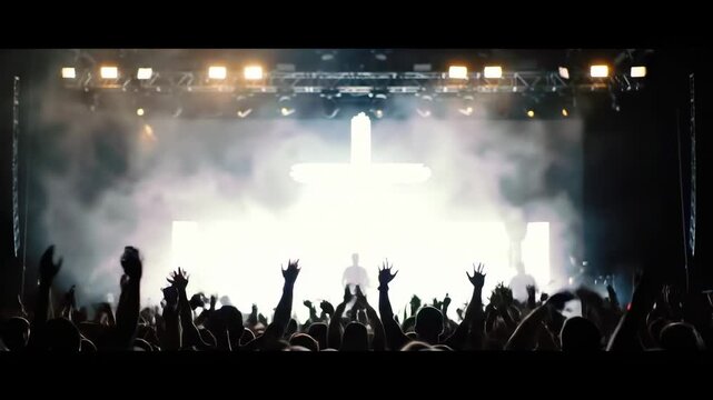 Concert scene with a raised hands crowd silhouetted against bright stage lights and a cross projection behind the performer