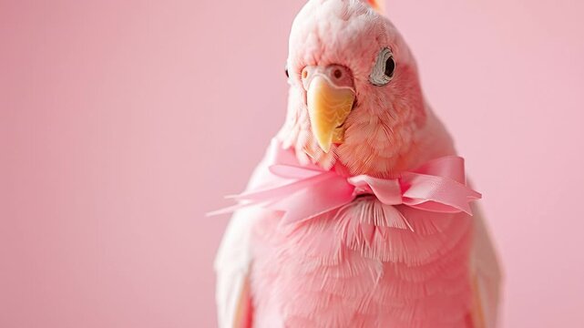 A pink bird stands in front of a soft pink background. The bird has a bow tie tied around its neck. It looks directly at the camera with its eyes open