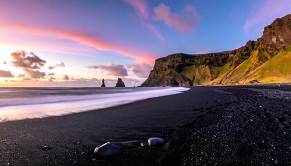 Dramatic black sand beach with cliffs, blurred wave action, and a pink and blue sunset sky
