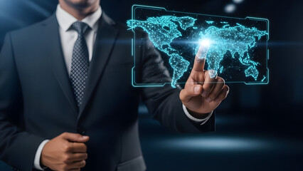 Businessman touching a futuristic digital world map interface, global business and technology concept