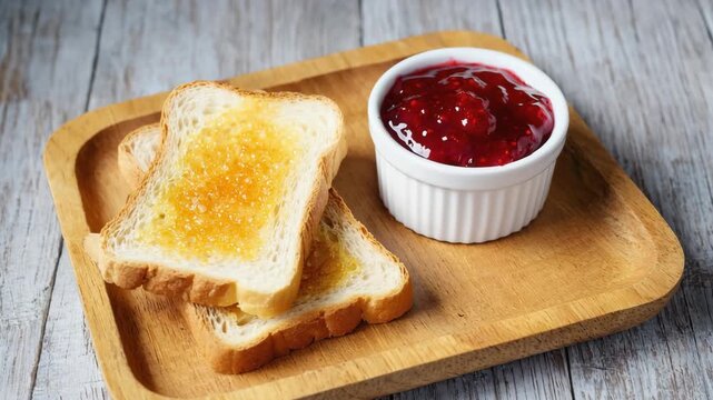 Toast with strawberry jam on wooden plate and rustic background  