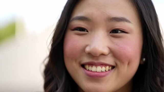Close-up of a smiling young woman with rosy cheeks and dark, wavy hair looking directly at the camera