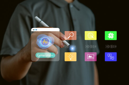 Hand using stylus interacting with AI generate interface and colorful digital icons, representing artificial intelligence, content creation, automation, data processing, smart creative technology. - Powered by Adobe