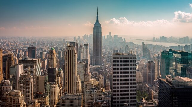 Warm Toned New York City Skyline and Empire State Building at Sunset