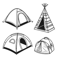 Four black and white tent illustrations on white background ©  MST RABEYA  BEGUM