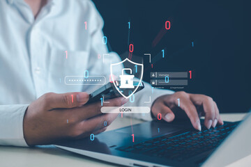 person using a smartphone and laptop with digital login icons, security shield, and binary code, representing secure authentication, cybersecurity protection, and safe online access.