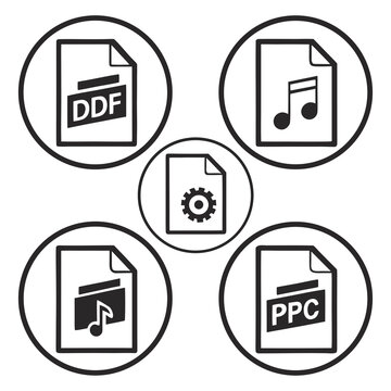 Five file format icons D F D O C M P3 P C gear vector