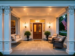 Elegant porch with decorative columns and lighting, classic American home style, high-quality promotional image.