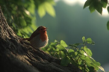 A robin perched and singing on an old oak branch