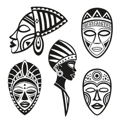 Five black and white African tribal masks and profiles ©  MST RABEYA  BEGUM