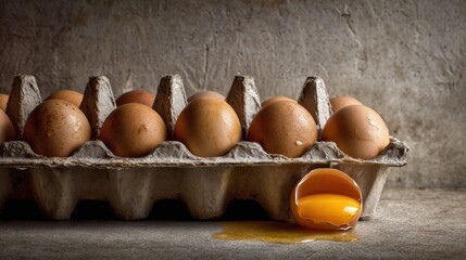 Close up view of a carton of brown eggs with a cracked egg