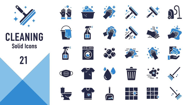 A collection of sleek solid cleaning icons displayed on a clean white background from a straightforward viewpoint