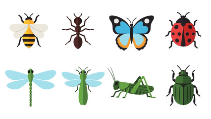 Set of colorful cartoon insects including bee ant butterfly ladybug dragonfly grasshopper and beetle
