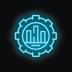 Blue neon icon of a cogwheel with a bar chart inside, representing automation of business processes