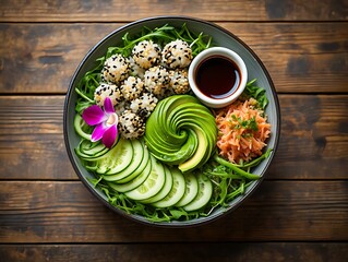 Healthy poke bowl with avocado and sesame balls
