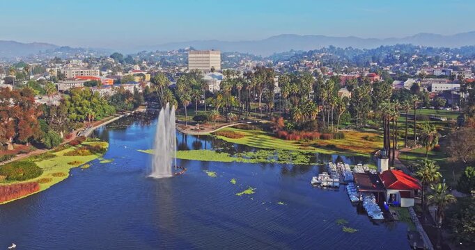 Aerial flight above downtown Los Angeles skyline 