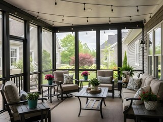 Fototapeta premium Modern covered porch with wooden ceiling and ceiling fan, cozy atmosphere, perfect for home improvement company website.