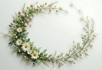 Floral wreath with white daisies and pink buds on white background flowers