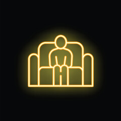 Neon yellow glowing symbol of a stick figure relaxing, sitting on an armchair
