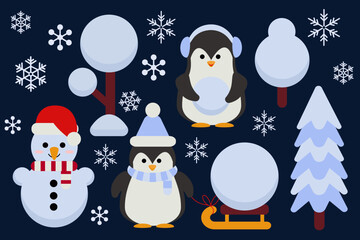 Cute winter vector set featuring penguins with sleds and snowballs, snowman, snowy trees, and Christmas tree. Ideal for seasonal cards, banners, kids designs, and festive promotions.