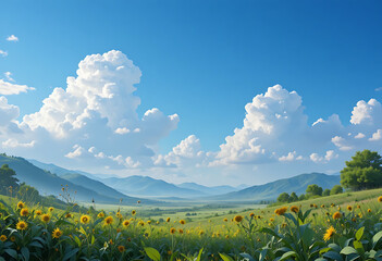 Sunflowers in a green field with mountains and blue sky clouds