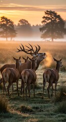 Majestic Deer Herd at Dawn - A Serene Wildlife Encounter.