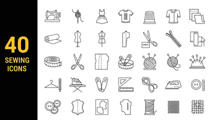 Collection of 40 sleek sewing icons displayed on a clean white background with simple black outlines