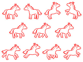 馬のキャラクターの赤い線画イラストセット