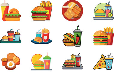 Fast Food Icon Set Featuring Burger, French Fries, Pizza Slice, Soda Cup, Soft Drink, Hot Dog, Fried Chicken, Breakfast Plate and Combo Meals &ndash; Flat Cartoon Vector Illustration for Restaurant