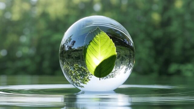 Fresh green leaf inside crystal glass sphere with water reflection
