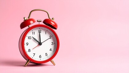 Classic red alarm clock with twin bells on a pink backdrop, showing 10:10 with bold contrast.