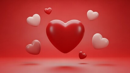A large red heart surrounded by smaller pink and red hearts floating in the air on a red background for valentines day or love themed designs and decorations